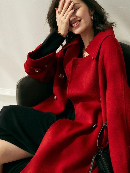 double faced woolen coat women's 2021 cloth hepburn style autumn and winter temperament long red wool & blends, Black
double faced woolen coat women's 2021 cloth hepburn style autumn and winter temperament long red wool & blends, Black