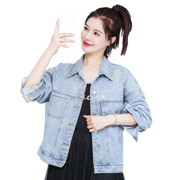 women's jackets 2021 spring autumn embroidery rhinestone denim coat loose slimming jeans jacket women long sleeves fashion top, Black;brown 
women's jackets 2021 spring autumn embroidery rhinestone denim coat loose slimming jeans jacket women long sleeves fashion top, Black;brown