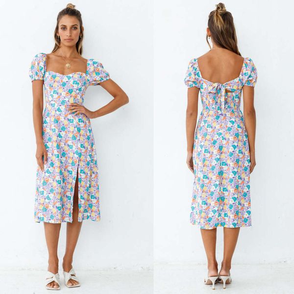 summer open back bandage split print dress for women, Black;gray