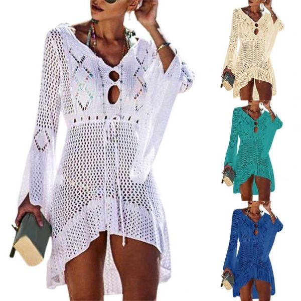 women's swimwear beach cover up hollow out knitted women flared sleeves solid color dress for vacation, White;black
women's swimwear beach cover up hollow out knitted women flared sleeves solid color dress for vacation, White;black