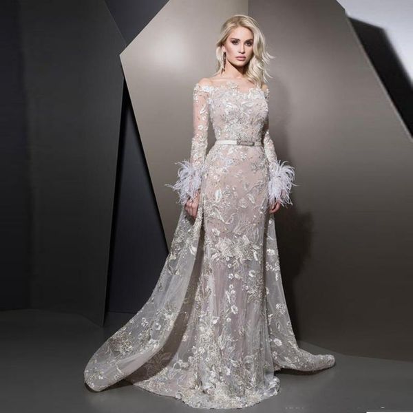 party dresses dubai applique lace prom vestidos de gala overskirt long sleeve feather charming sweep train formal evening gowns, White;black
party dresses dubai applique lace prom vestidos de gala overskirt long sleeve feather charming sweep train formal evening gowns, White;black