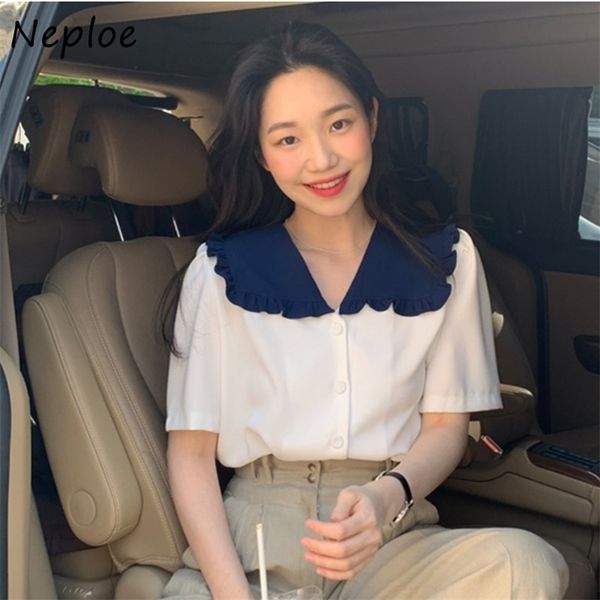 contrast color blouse women korean chic peter pan collar short sleeve blusa shirts summer fashion casual female 210422, White 
contrast color blouse women korean chic peter pan collar short sleeve blusa shirts summer fashion casual female 210422, White
