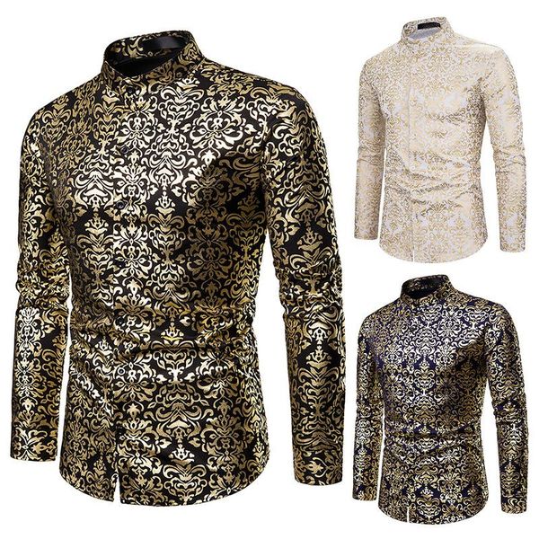 luxurious long sleeve shirts for men 2021 spring bronzing print slim camisa masculina social nightclub party male clothing men's casua, White;black
luxurious long sleeve shirts for men 2021 spring bronzing print slim camisa masculina social nightclub party male clothing men's casua, White;black