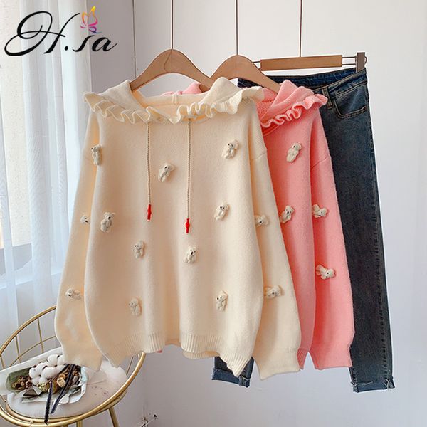 h.sa women chic pullover ruffles cute sweet cartoon knit bear embroidery hooded sweater jumpers harajuku sweaters 210417, White;black
h.sa women chic pullover ruffles cute sweet cartoon knit bear embroidery hooded sweater jumpers harajuku sweaters 210417, White;black