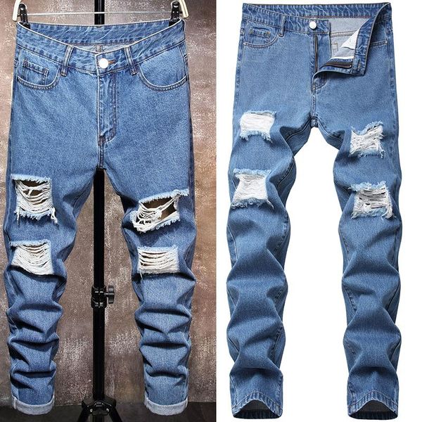 fashion trend european and american men's trousers classic blue jeans men ripped holes
fashion trend european and american men's trousers classic blue jeans men ripped holes