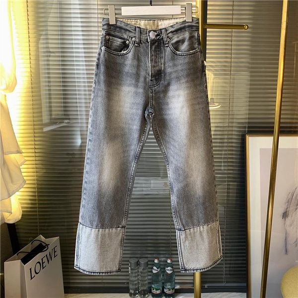 women's jeans women selling high waist color matching flanging wash straight tube pants, Blue
women's jeans women selling high waist color matching flanging wash straight tube pants, Blue