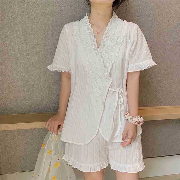 cotton ruffles v-neck summer korean chic sweet homewear women loose all match brief pajamas sets 210525, Black;red
cotton ruffles v-neck summer korean chic sweet homewear women loose all match brief pajamas sets 210525, Black;red
