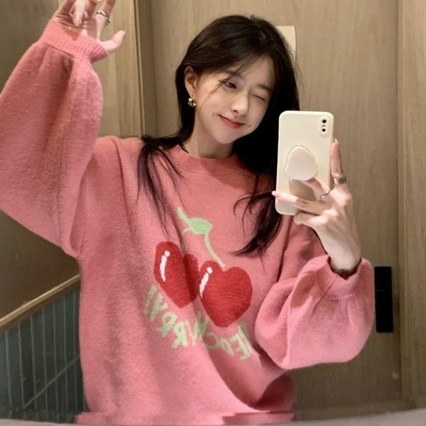 women's sweaters fall 2021 style pink explosion small cherry knitted lantern sleeve pullover sweater women rac, White;black
women's sweaters fall 2021 style pink explosion small cherry knitted lantern sleeve pullover sweater women rac, White;black