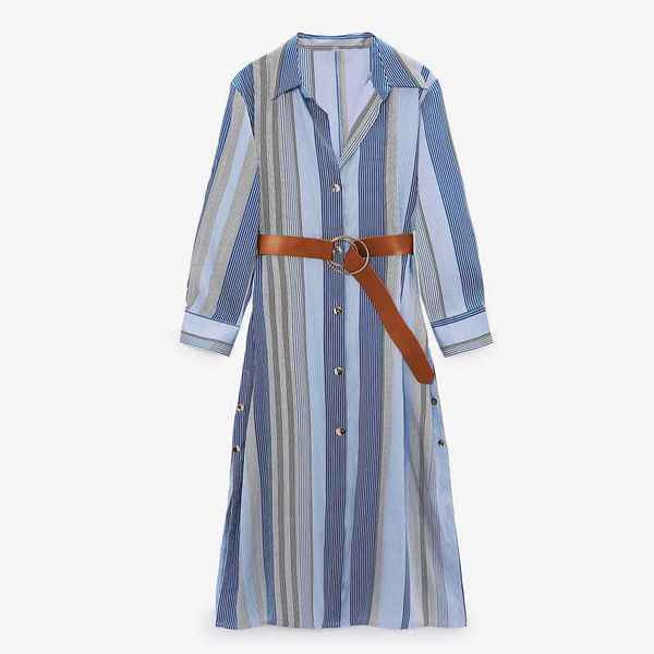 women belted striped shirt dress za spring blue long sleeve office lady dresses woman chic side slits button up midi dress 210602, Black;gray
women belted striped shirt dress za spring blue long sleeve office lady dresses woman chic side slits button up midi dress 210602, Black;gray