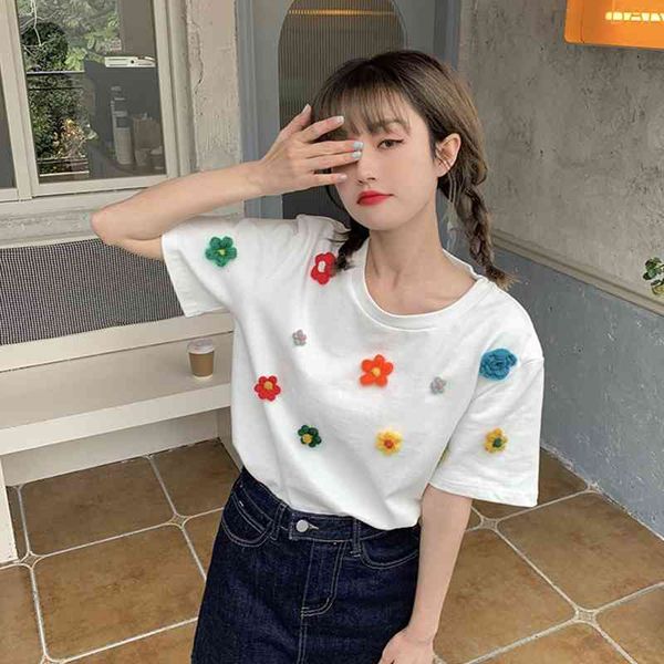 short tshirts for women summer sweet flower decoration fresh kawaii woman fashion all-match korean blouses tees 210525, White
short tshirts for women summer sweet flower decoration fresh kawaii woman fashion all-match korean blouses tees 210525, White