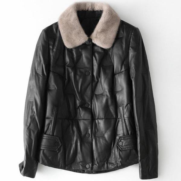 women's leather & faux winter genuine white down jacket casual loose turndown collar sheepskin mink coat with pockets, Black
women's leather & faux winter genuine white down jacket casual loose turndown collar sheepskin mink coat with pockets, Black