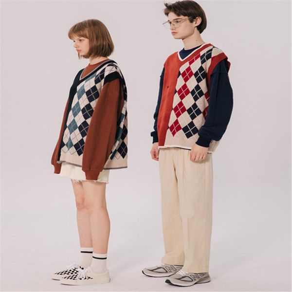 men's vests japanese loose couples lattice stripe splicing sweater vest spring autumn pullover sleeveless, Black;white
men's vests japanese loose couples lattice stripe splicing sweater vest spring autumn pullover sleeveless, Black;white
