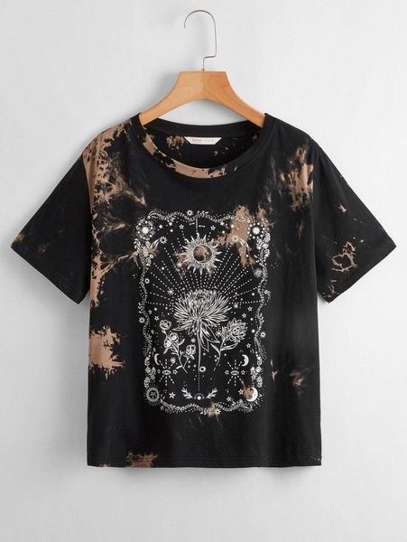plus floral & sun print tee f5xf#, Black