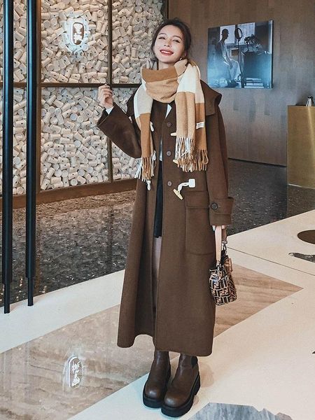 women's wool & blends hepburn style ox horn button hooded tweed coat middle long knee thickened autumn and winter korean woolen, Black
women's wool & blends hepburn style ox horn button hooded tweed coat middle long knee thickened autumn and winter korean woolen, Black
