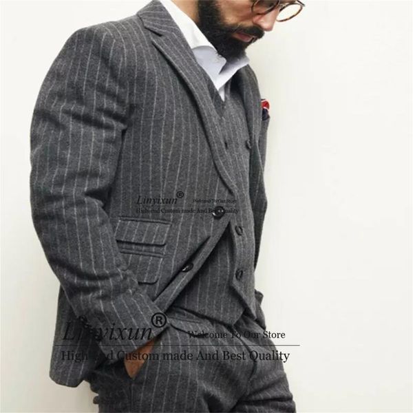 men's suits & blazers ternos grey tweed wool strip men peaked laple groom wear tuxedos 3 pieces jacket vest pants formal business male, White;black
men's suits & blazers ternos grey tweed wool strip men peaked laple groom wear tuxedos 3 pieces jacket vest pants formal business male, White;black