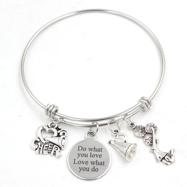 new arrival i love cheering megaphone bracelets fashion stainless steel bangle expandable wire bangle jewelry cheerleader bracelet for women, Golden;silver
new arrival i love cheering megaphone bracelets fashion stainless steel bangle expandable wire bangle jewelry cheerleader bracelet for women, Golden;silver