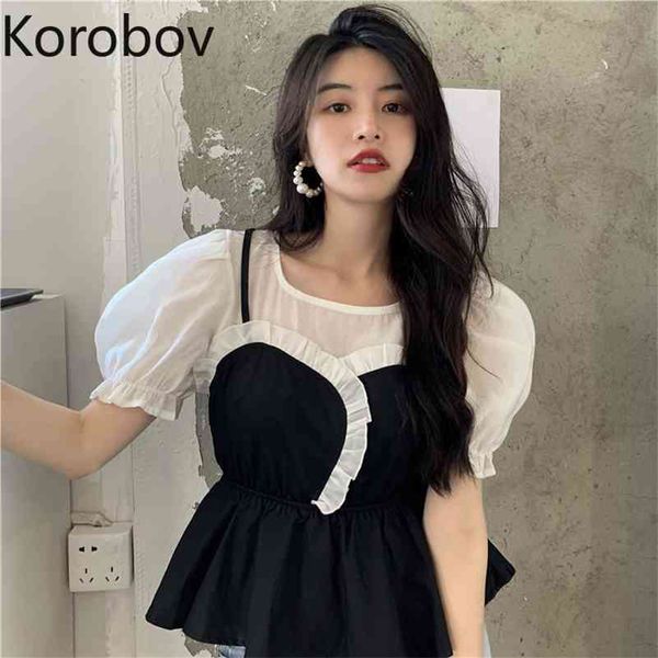 korobov new spring summer female shirts korean chic hit color patchwork women blouses sweet o neck puff sleeve blusas mujer 210430, White
korobov new spring summer female shirts korean chic hit color patchwork women blouses sweet o neck puff sleeve blusas mujer 210430, White
