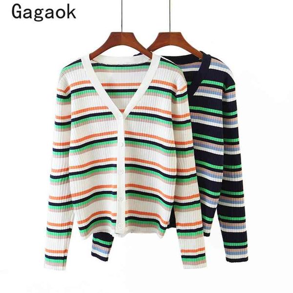 women office lady fashion knitted sweater v-neck full striped slim chic wild korean female single breasted cardigans 210531, White