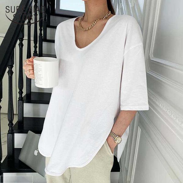 korean v-neck white cotton t-shirt women summer half sleeve loose tshirt women arc line solid tee shirt femme 13683 210528
korean v-neck white cotton t-shirt women summer half sleeve loose tshirt women arc line solid tee shirt femme 13683 210528