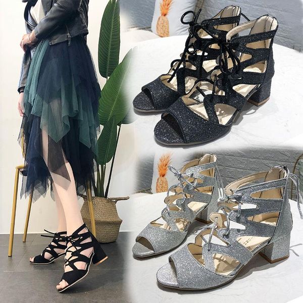 women's 2021 summer tide fashion sequins fish mouth high-heeled shoes cross tie thick heel roman sandals plus size dress, Black
women's 2021 summer tide fashion sequins fish mouth high-heeled shoes cross tie thick heel roman sandals plus size dress, Black