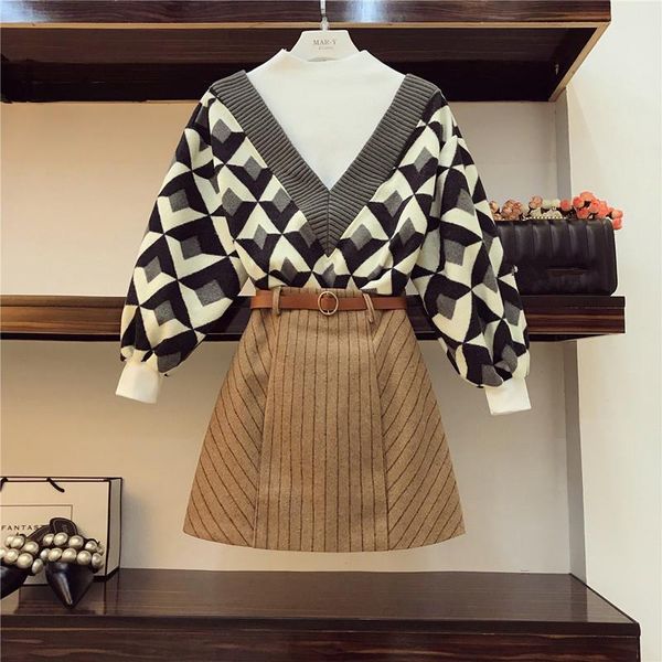 striped skirt two piece women tracksuits set autumn winter half turtleneck fake stitching geometric pattern sweater sets with belt, Gray
striped skirt two piece women tracksuits set autumn winter half turtleneck fake stitching geometric pattern sweater sets with belt, Gray