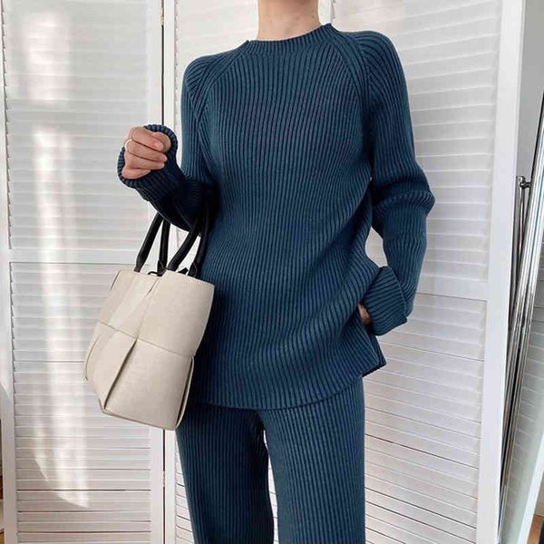 women's two piece pants twotwinstyle blue knitted trouser suits female round neck long sleeve sweater elastic high waist wide leg suit, White
women's two piece pants twotwinstyle blue knitted trouser suits female round neck long sleeve sweater elastic high waist wide leg suit, White