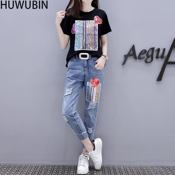 summer women's european fashion heavy industry sequin short sleeve t-shirt + perforated jeans two-piece suit belt two piece pants, White
summer women's european fashion heavy industry sequin short sleeve t-shirt + perforated jeans two-piece suit belt two piece pants, White