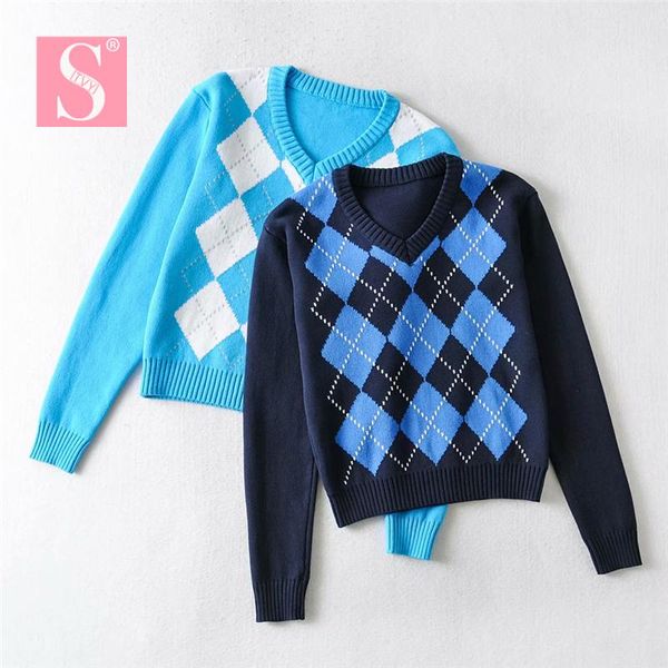 vintage geometric rhombic women sweater plaid knitting autumn long sleeve outerwear england style pullover women's sweaters, White;black
vintage geometric rhombic women sweater plaid knitting autumn long sleeve outerwear england style pullover women's sweaters, White;black