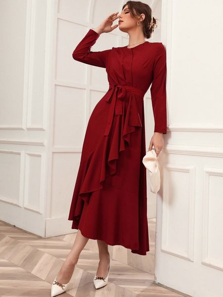 ruffle trim belted wrap dress 28ge#, Black;gray 
ruffle trim belted wrap dress 28ge#, Black;gray