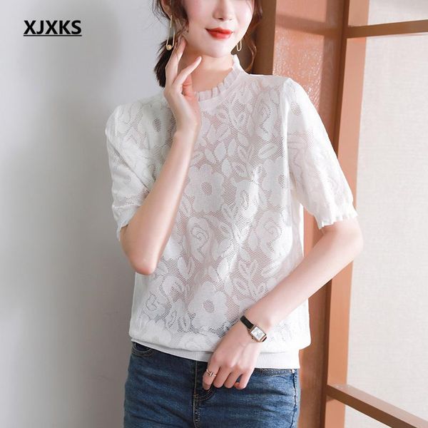 women's t-shirt xjxks high-end lace knitted tulle women 2021 summer short-sleeved, White
women's t-shirt xjxks high-end lace knitted tulle women 2021 summer short-sleeved, White