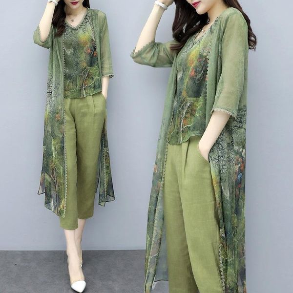 summer green chiffon printed womens pants 3 piece sets plus size vest cardigan cropped suits elegant korean femme, White
summer green chiffon printed womens pants 3 piece sets plus size vest cardigan cropped suits elegant korean femme, White