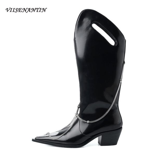 boots handsome metal chain long pointed thick with love all-match temperament knight personalized western cowboy, Black
boots handsome metal chain long pointed thick with love all-match temperament knight personalized western cowboy, Black