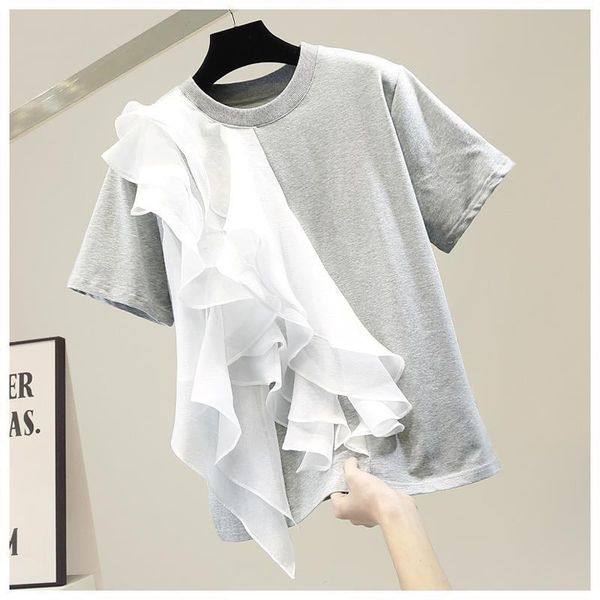 fashionable ruffle patchwork contrast pullover o neck short sleeve t-shirt spring new slim 210421, White
fashionable ruffle patchwork contrast pullover o neck short sleeve t-shirt spring new slim 210421, White