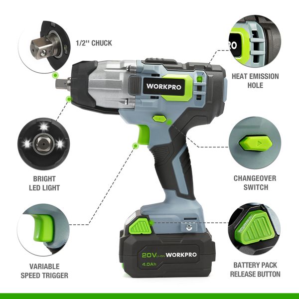 workpro 20v cordless impact wrench 1/2-inch 320 ft pounds max torque 2.0ah li-ion battery with fast charger
workpro 20v cordless impact wrench 1/2-inch 320 ft pounds max torque 2.0ah li-ion battery with fast charger