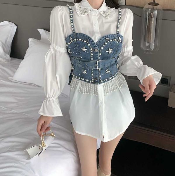 summer fashion casual women korean style beaded flared sleeve long shirt + denim camisole 210531, White
summer fashion casual women korean style beaded flared sleeve long shirt + denim camisole 210531, White