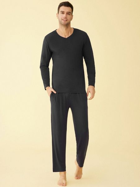 latuza men solid v neck tee & pants lounge set e934#, Black;brown