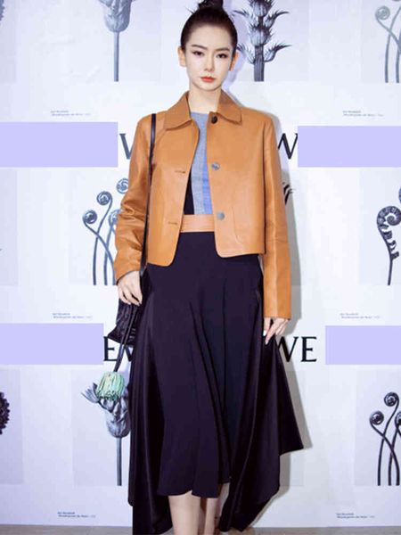 2021 spring new star same haining leather women's short sheep slim square neck et, Black;brown
