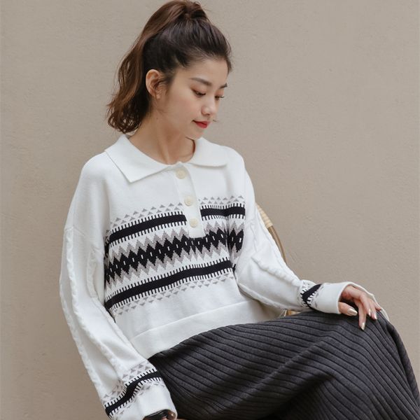 autumn and winter korean style lazy lapel diamond stitching sweater loose wild short women trend 210520, White;black
autumn and winter korean style lazy lapel diamond stitching sweater loose wild short women trend 210520, White;black