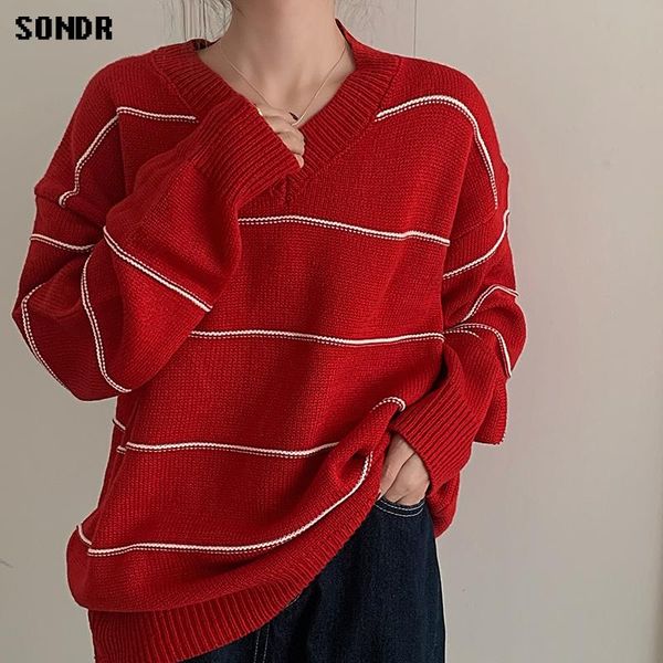 women's sweaters one piece knitted sweater 2021 fall winter v neck striped casual loose long-sleeved women, White;black
women's sweaters one piece knitted sweater 2021 fall winter v neck striped casual loose long-sleeved women, White;black