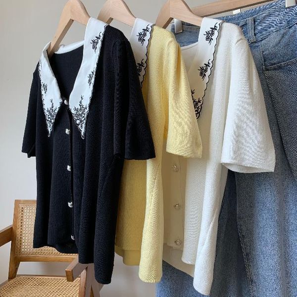 women's blouses & shirts french girl, embroidered doll collar, pearl button ice silk knit shirt, short-sleeved t-shirt, summer women, White
women's blouses & shirts french girl, embroidered doll collar, pearl button ice silk knit shirt, short-sleeved t-shirt, summer women, White