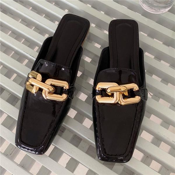 japanned leather mules women metal chain slippers flip flops cover toe summer modern shoes woman sandals shiny square slides, Black
japanned leather mules women metal chain slippers flip flops cover toe summer modern shoes woman sandals shiny square slides, Black