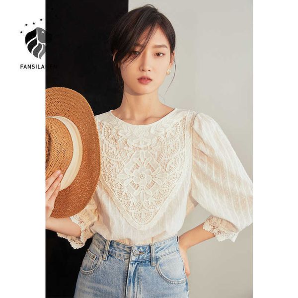 fansilanen white lace three-quarter sleeve cotton shirt women's summer hollow embroidery puff office ladies 210607
fansilanen white lace three-quarter sleeve cotton shirt women's summer hollow embroidery puff office ladies 210607