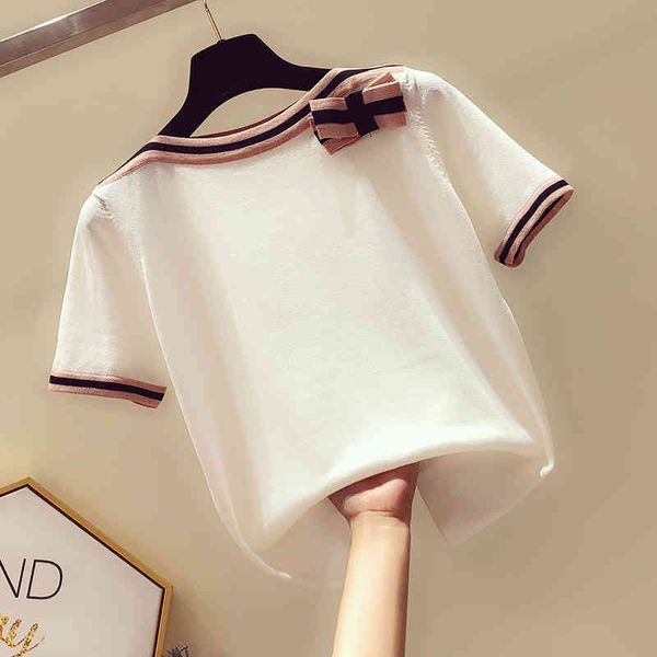 fashion the lazy wind short sleeve sweater bottoming shirt women's bow solid color thin pullover summer style 210512, White;black
fashion the lazy wind short sleeve sweater bottoming shirt women's bow solid color thin pullover summer style 210512, White;black