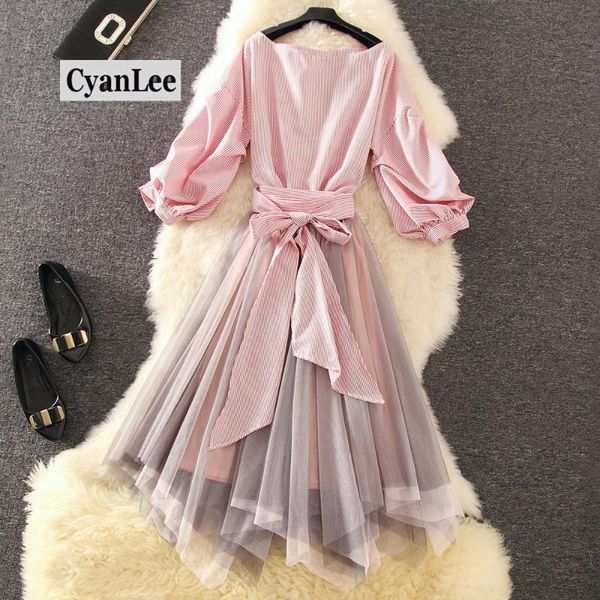 summer mesh skirt striped shirt sets pink puff sleeve bow lace-up blouse and pleated irregular two piece casual set dress, White
summer mesh skirt striped shirt sets pink puff sleeve bow lace-up blouse and pleated irregular two piece casual set dress, White