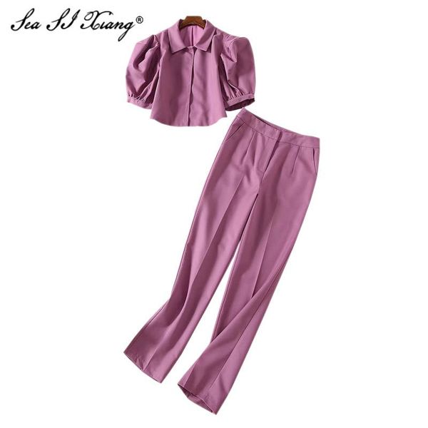 seasixiang fashion designer summer set women turn-down collar puff sleeve short + long pants solid two-piece women's two piece, White
seasixiang fashion designer summer set women turn-down collar puff sleeve short + long pants solid two-piece women's two piece, White