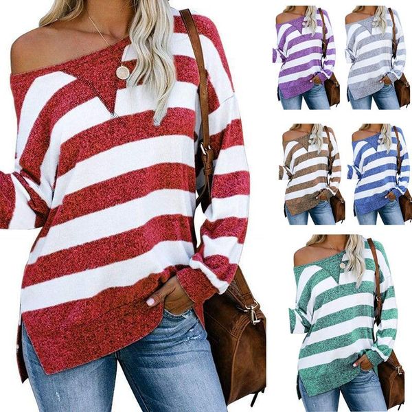 women's t-shirt ladies spring casual loose color matching striped print long sleeve female fashion slash neck pullover tshirts, White
women's t-shirt ladies spring casual loose color matching striped print long sleeve female fashion slash neck pullover tshirts, White