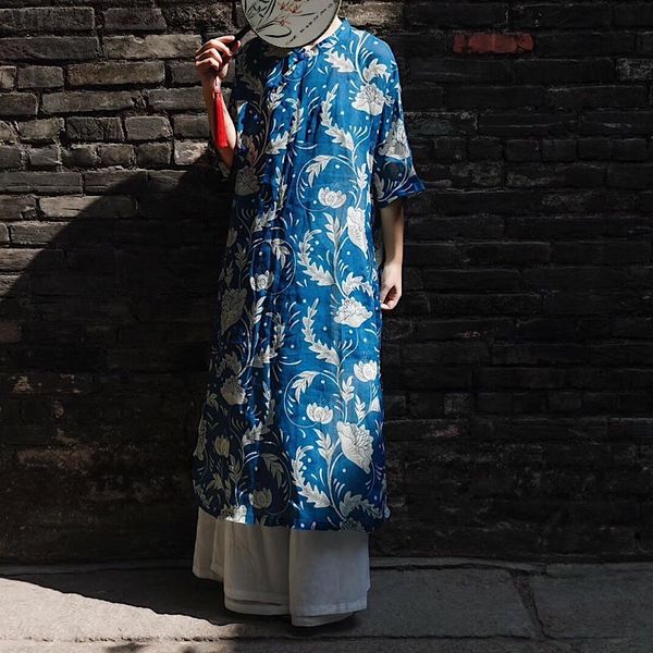 johnature women chinese style linen dresses stand half sleeve print floral button summer light blue female vintage dress 210521, Black;gray
johnature women chinese style linen dresses stand half sleeve print floral button summer light blue female vintage dress 210521, Black;gray