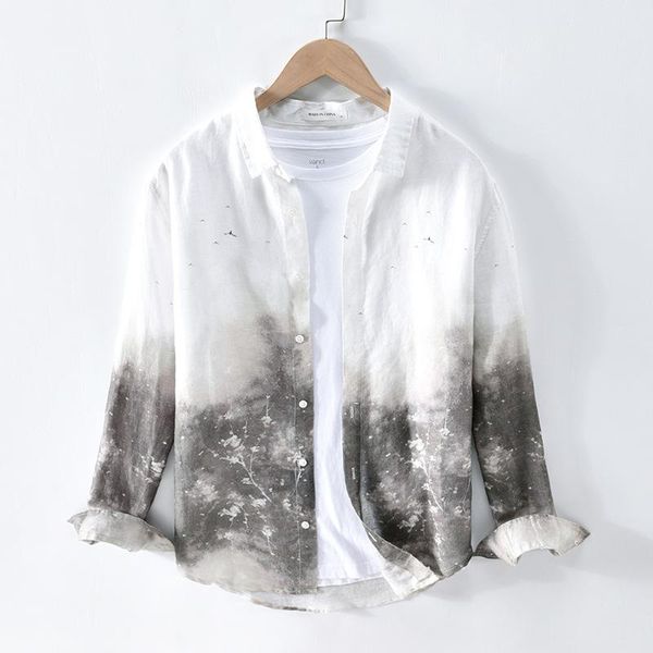 men's spring/summer artistic fashion printed linen shirt youth retro gradient color casual shirts, White;black
men's spring/summer artistic fashion printed linen shirt youth retro gradient color casual shirts, White;black