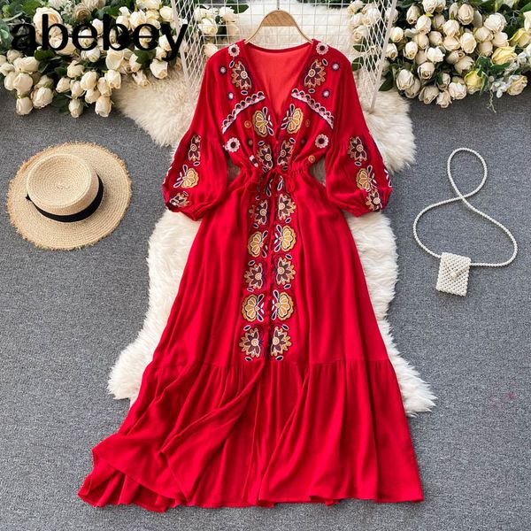 women retro embroidery dress korean v neck puff sleeve button a-line es spring fashion boho vacation midi 210512, Black;gray
women retro embroidery dress korean v neck puff sleeve button a-line es spring fashion boho vacation midi 210512, Black;gray