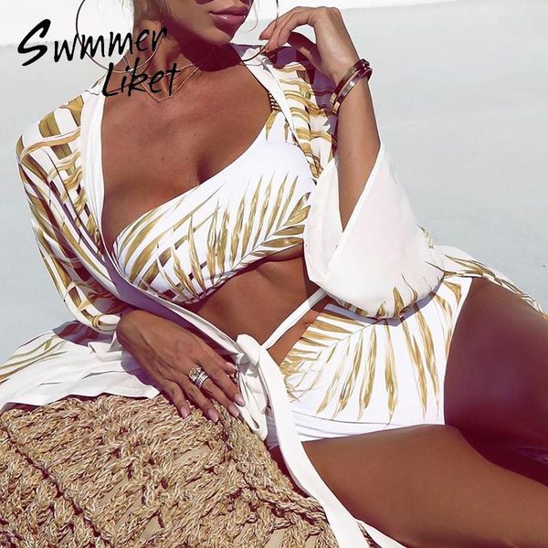 women's swimwear high waist bikini set 2021 tropical leaf print bathing suit one shoulder women metal swimsuit female summer bathers, White;black
women's swimwear high waist bikini set 2021 tropical leaf print bathing suit one shoulder women metal swimsuit female summer bathers, White;black